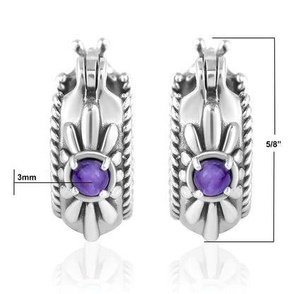 EXCLUSIVELY OURS! Sterling Silver Charoite Rope and Flower Design Hoop Earrings