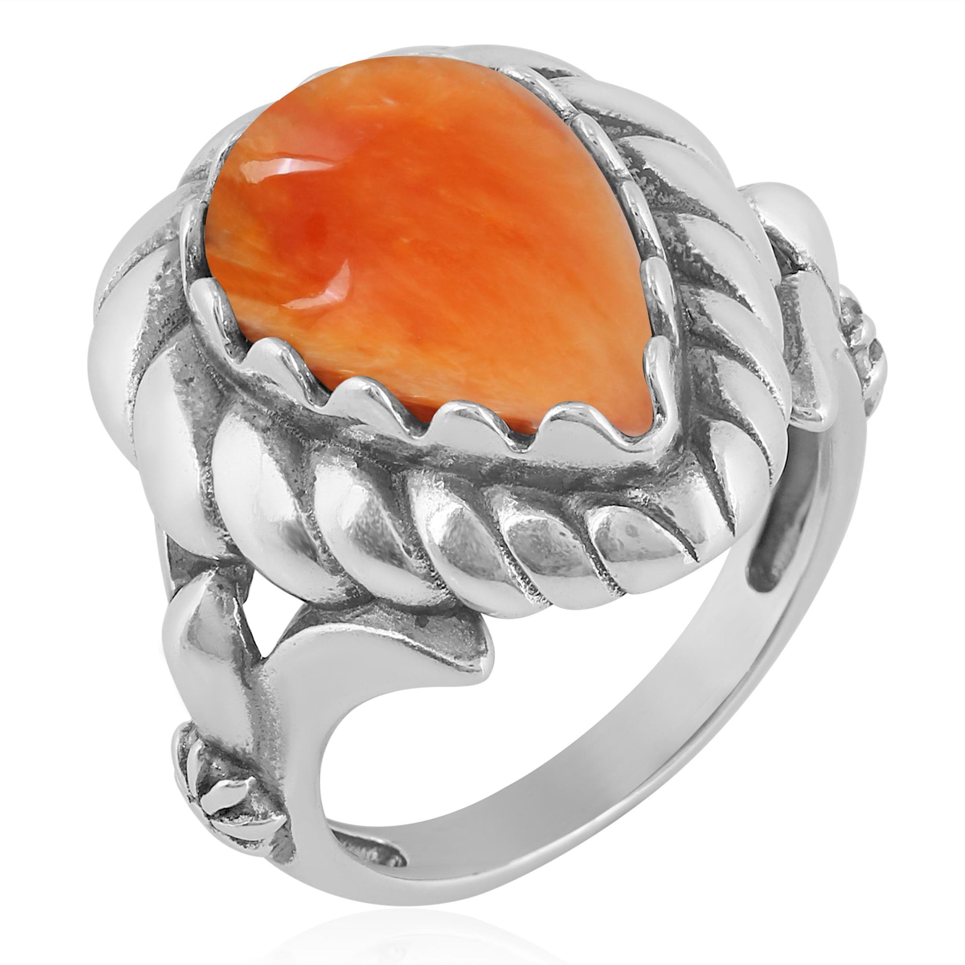 Sterling Silver Orange Spiny Oyster Pear Cut Rope Ring