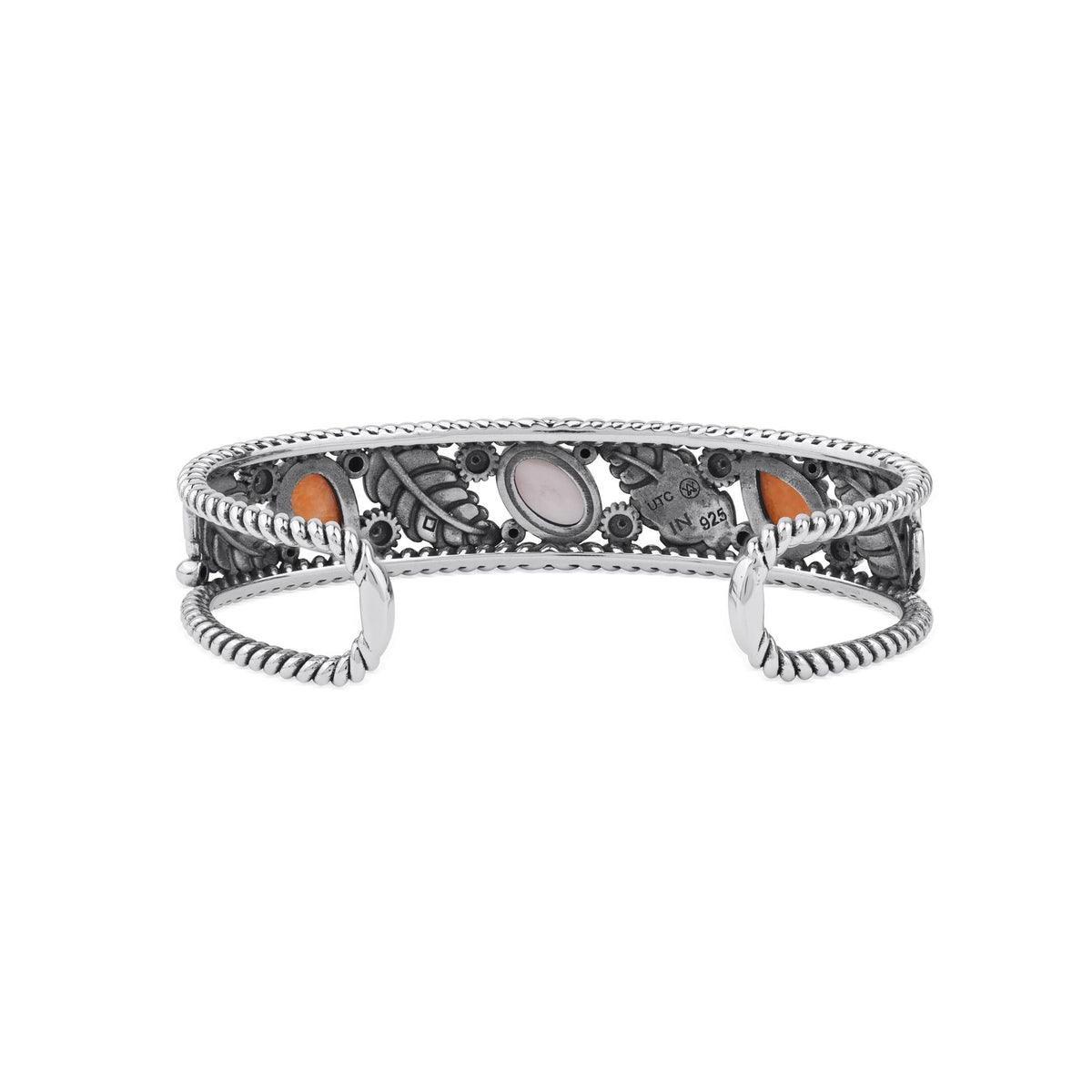 Sterling Silver Orange Spiny Oyster Oval and Pear Leaf Cuff Bracelet