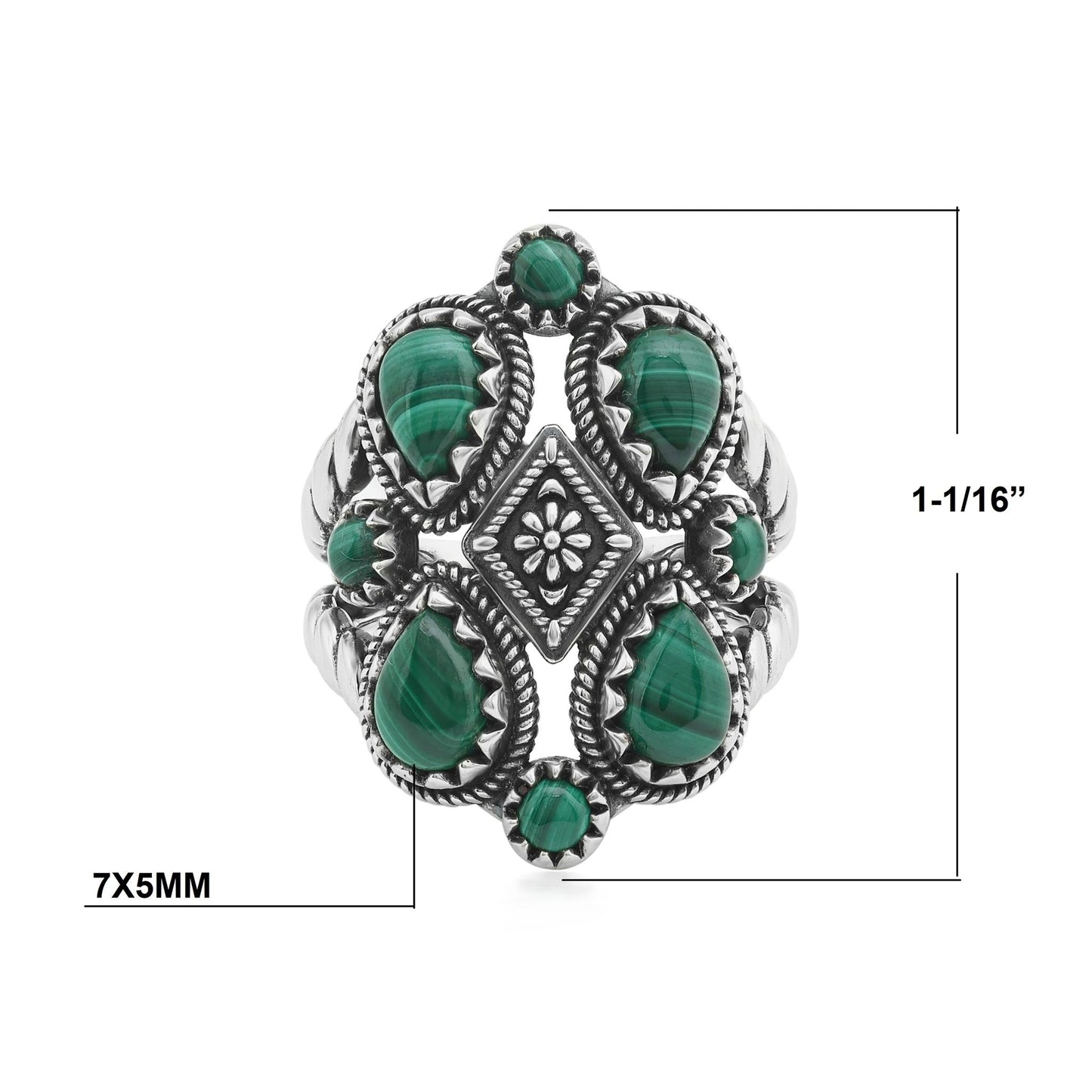 Sterling Silver Malachite 4 Pear and Round Cut Cluster Ring