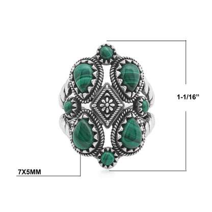 Sterling Silver Malachite 4 Pear and Round Cut Cluster Ring