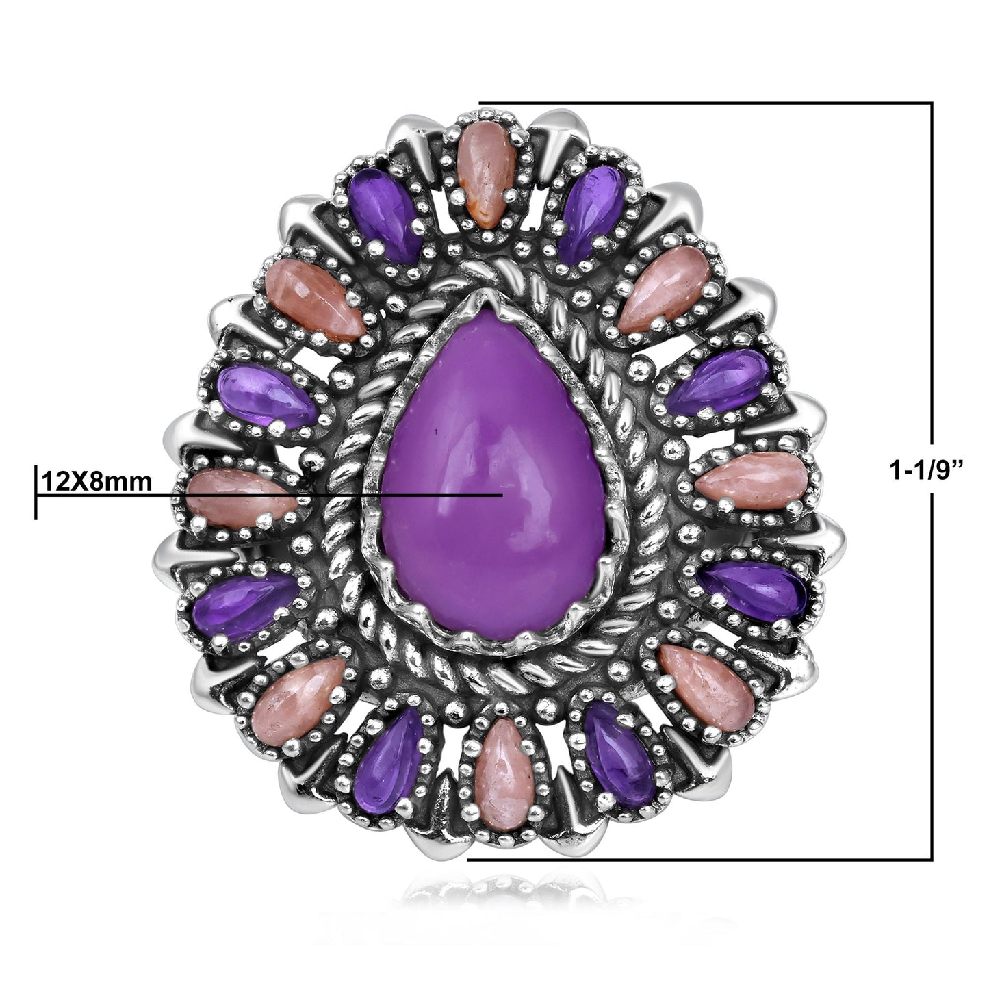 Sterling Silver Phosphosiderite, Rhodochrosite and Amethyst Pear-Shaped Cluster Ring