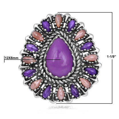 Sterling Silver Phosphosiderite, Rhodochrosite and Amethyst Pear-Shaped Cluster Ring