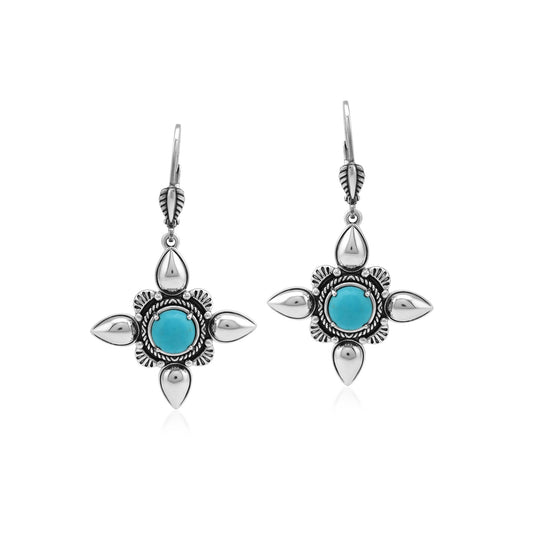 Sterling Silver Kingman Turquoise Compass Star Lever Back Earrings
