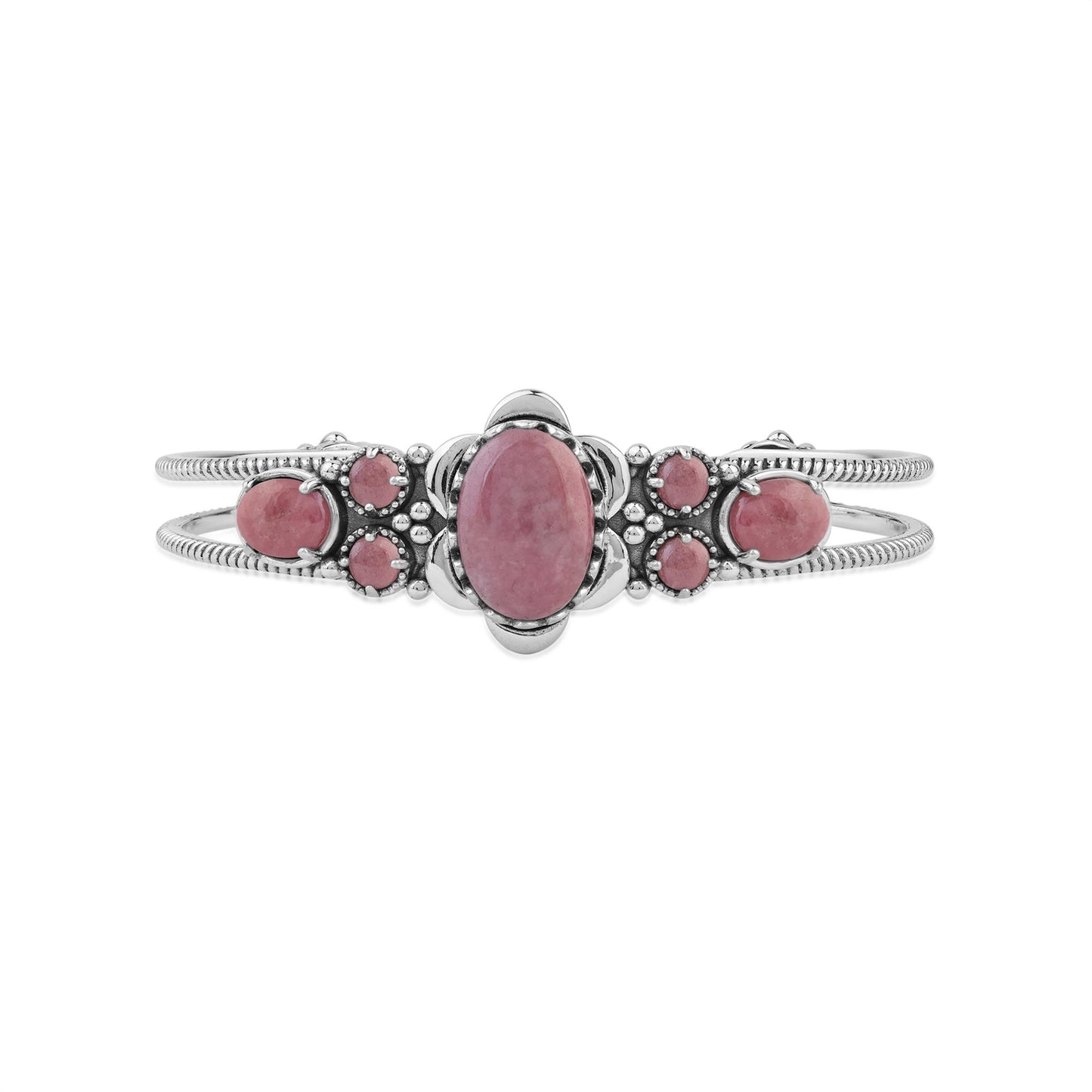  Sterling Silver Rhodonite Oval and Round Open Cuff Bracelet