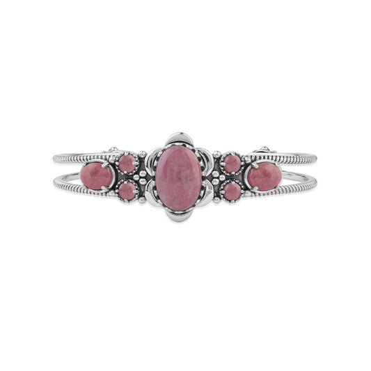  Sterling Silver Rhodonite Oval and Round Open Cuff Bracelet