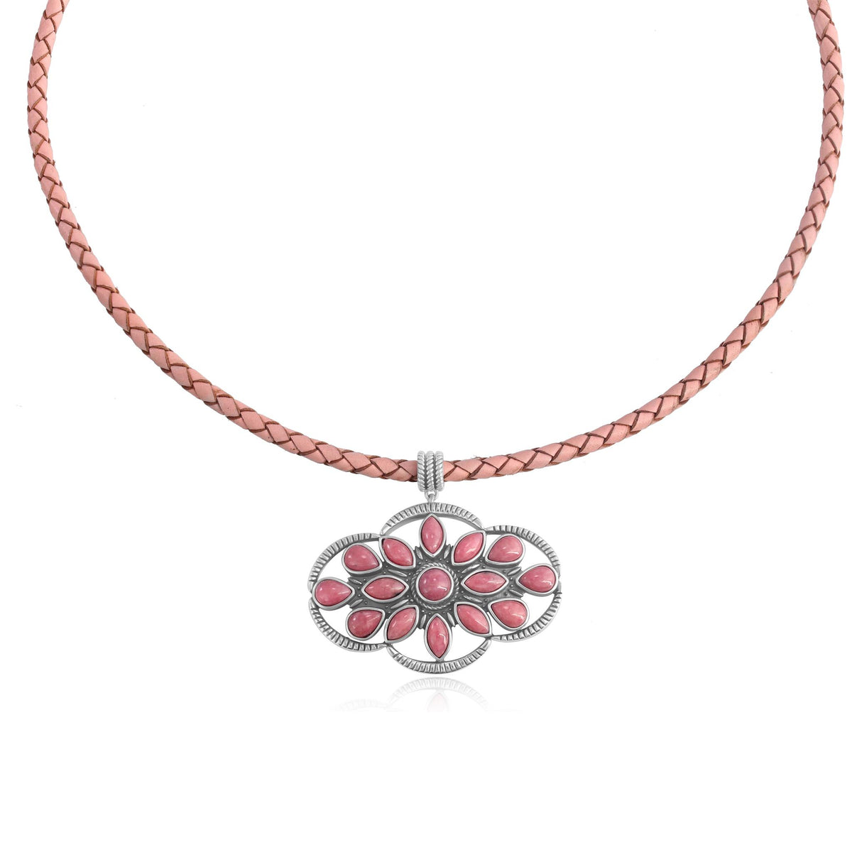 Sterling Silver Rhodonite Pink Leather Cluster Necklace, 17 to 20 Inches