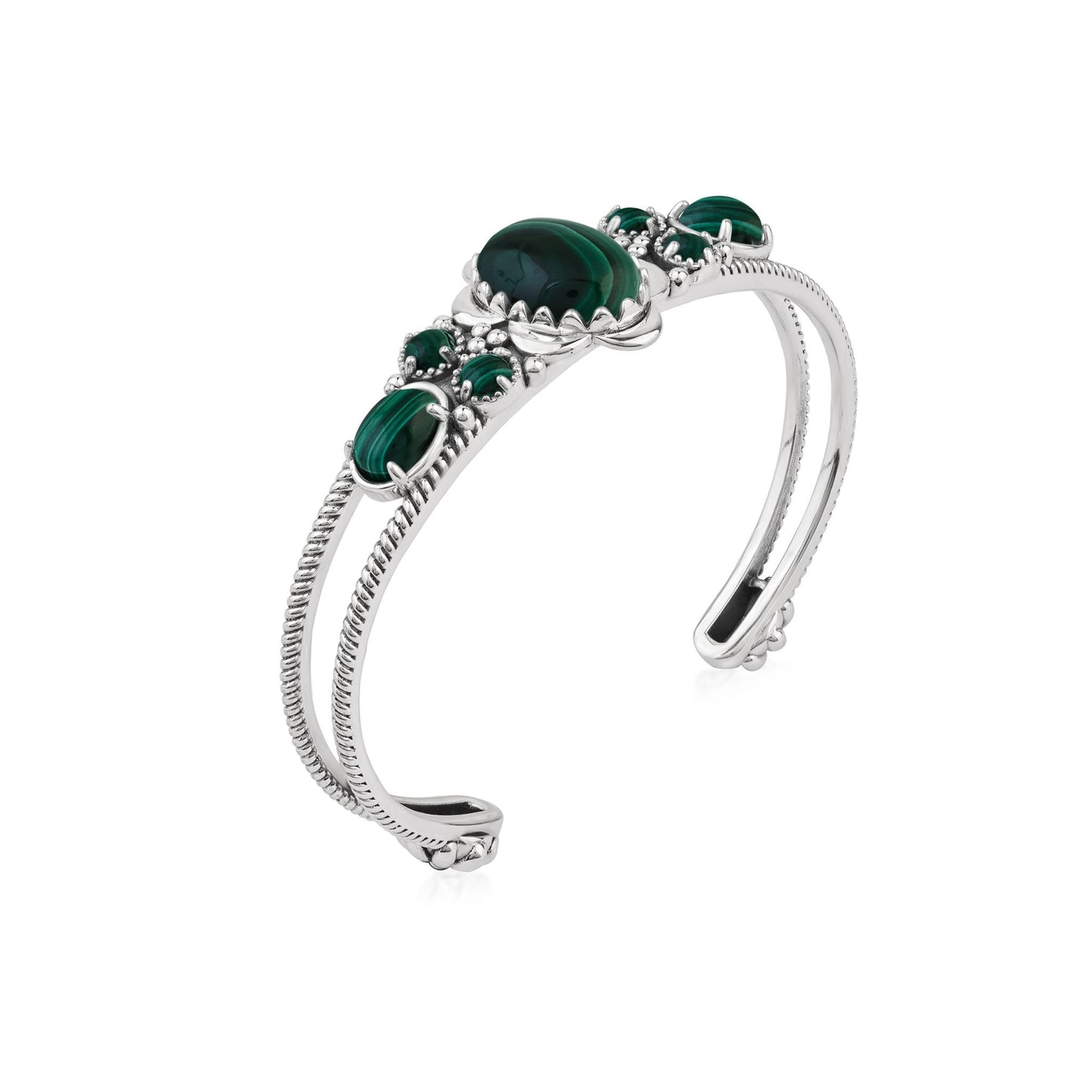  Sterling Silver Malachite Oval and Round Open Cuff Bracelet