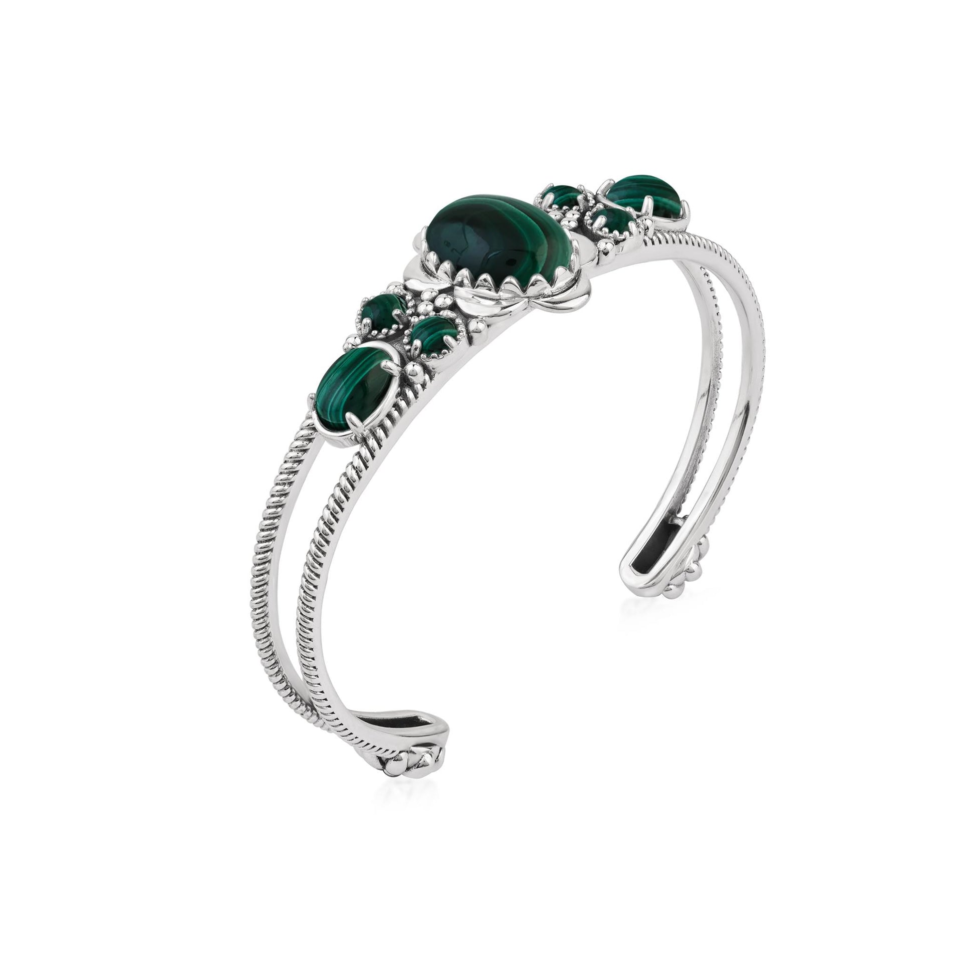  Sterling Silver Malachite Oval and Round Open Cuff Bracelet