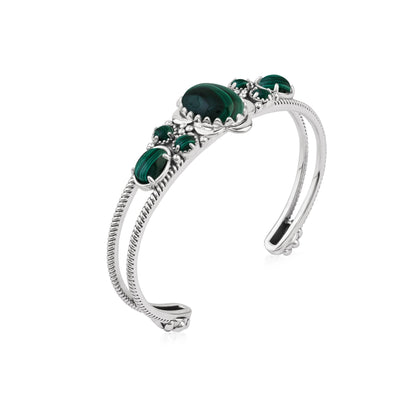  Sterling Silver Malachite Oval and Round Open Cuff Bracelet