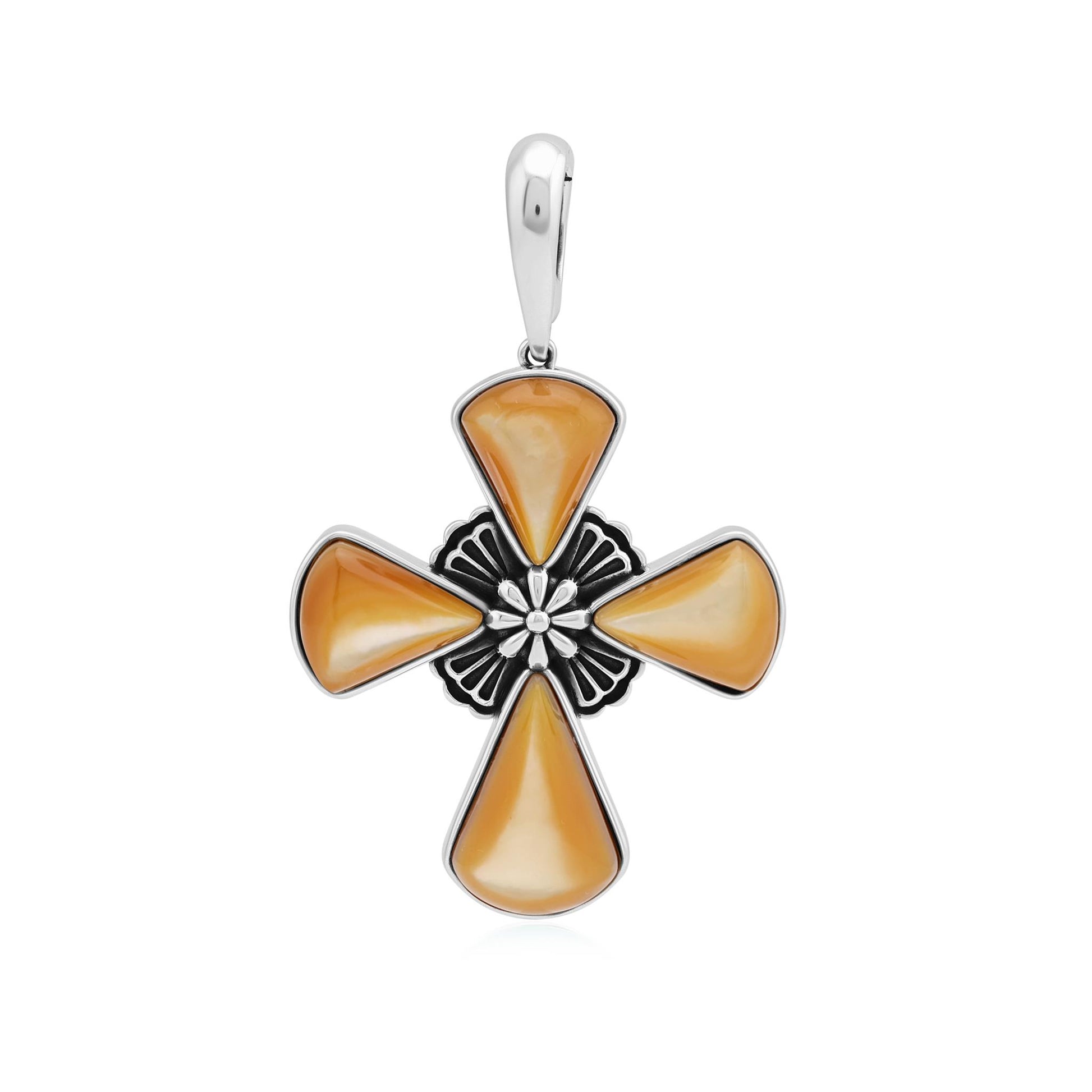 Sterling Silver Yellow Mother of Pearl Gemstone Concha Cross Pendant Enhancer 