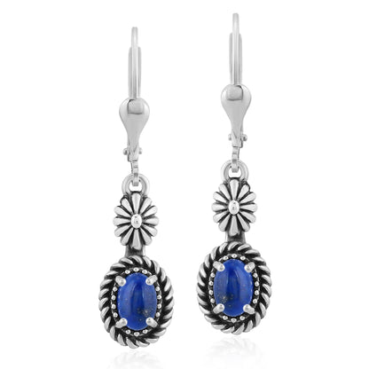 Sterling Silver Lapis Gemstone Floral and Rope Design Dangle Earrings