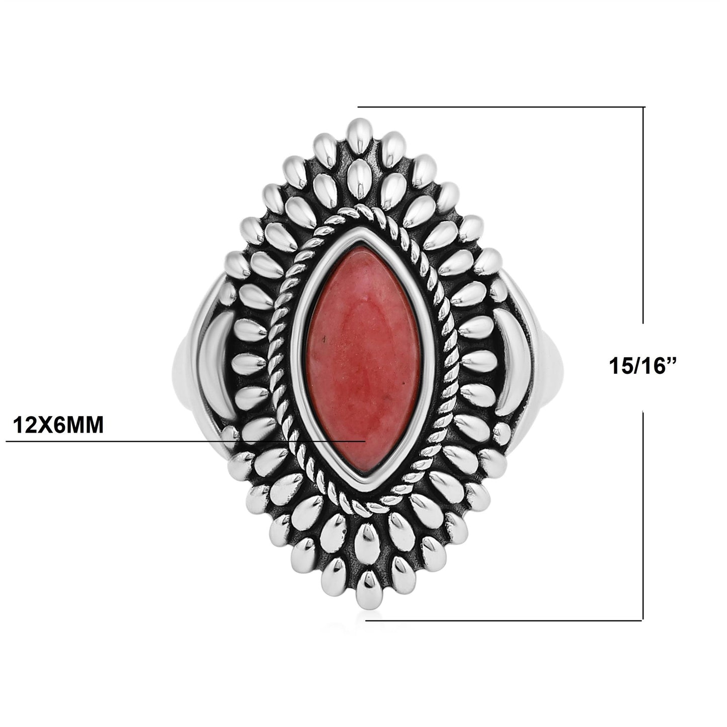Sterling Silver Rhodonite Marquise Cut Rope and Bead Ring