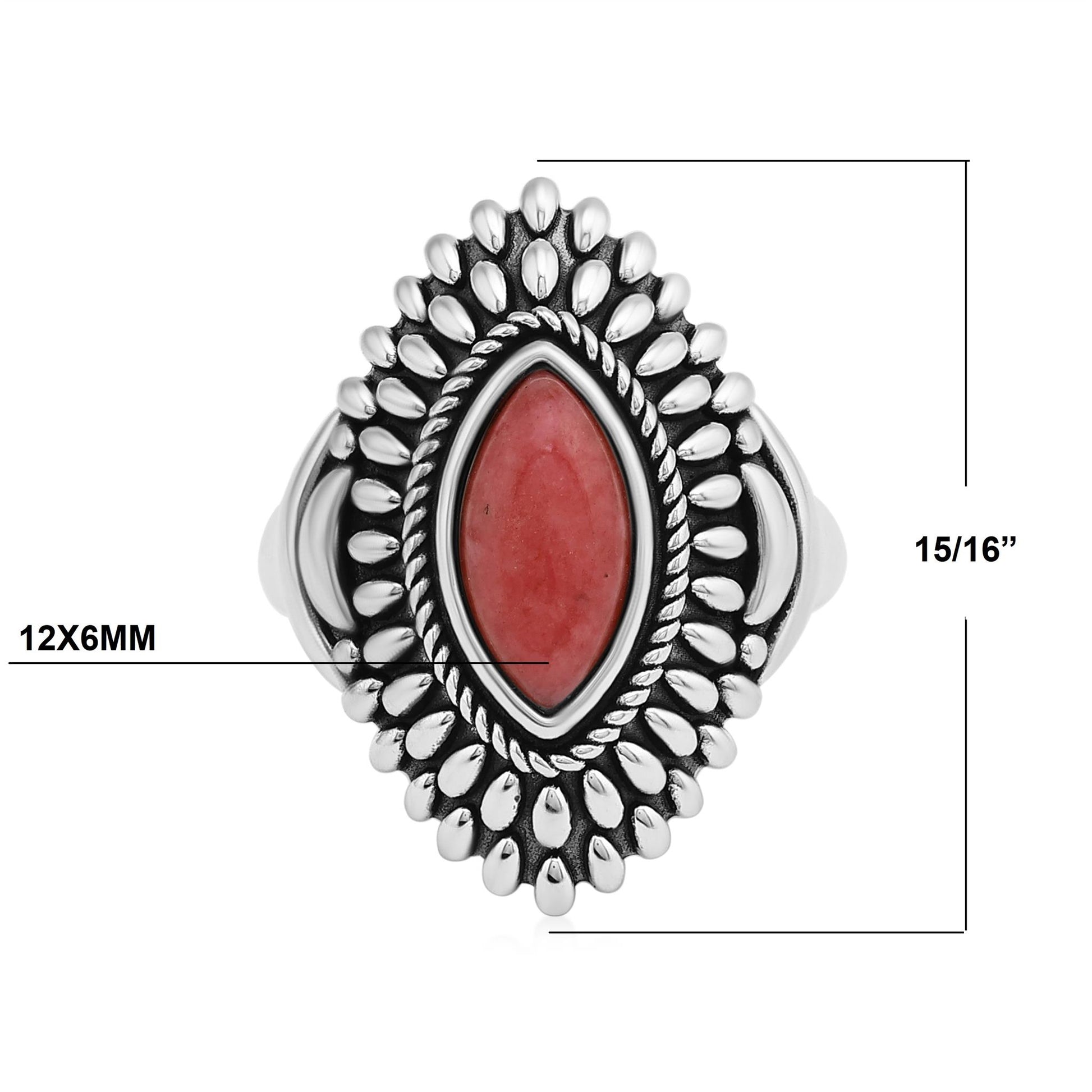 Sterling Silver Rhodonite Marquise Cut Rope and Bead Ring