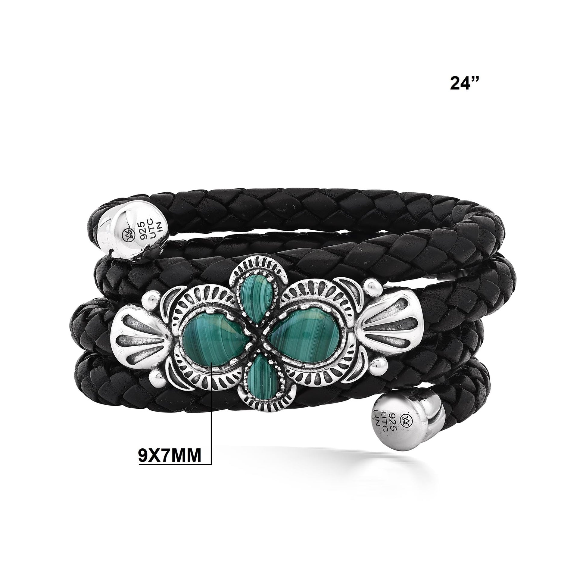  Sterling Silver Malachite Pear Cluster Black Leather Wrap Bracelet 