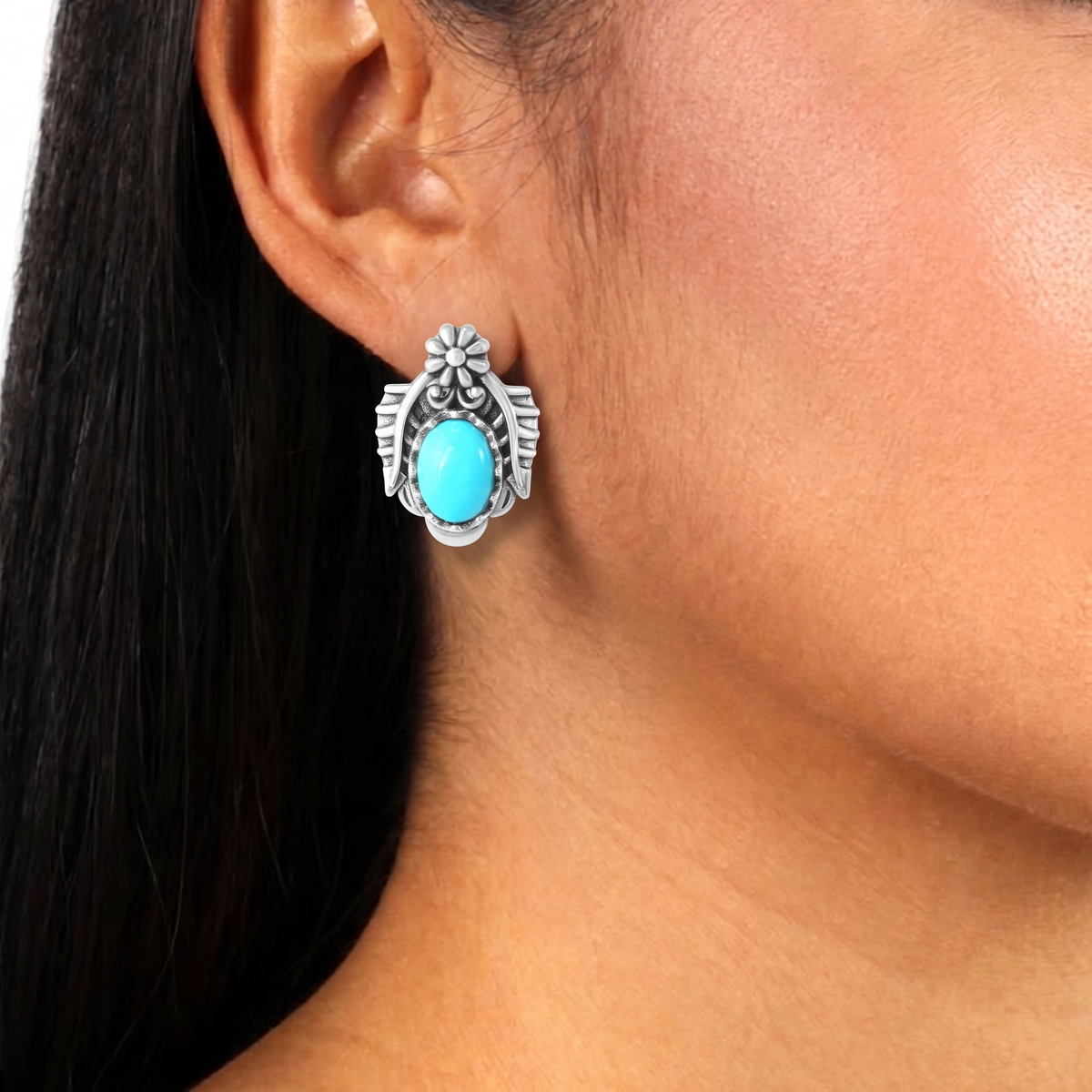 Sterling Silver Sleeping Beauty Turquoise Oval Concha and Leaf Stud Earrings
