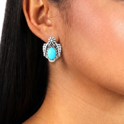 Sterling Silver Sleeping Beauty Turquoise Oval Concha and Leaf Stud Earrings