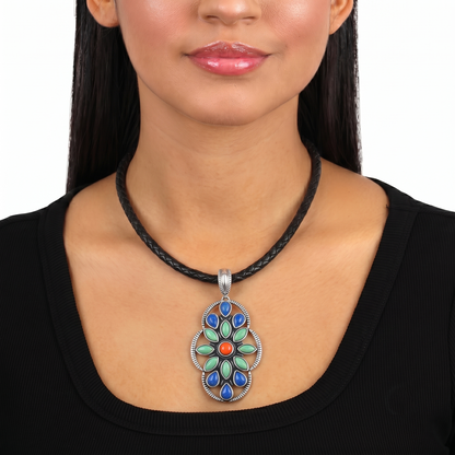 Sterling Silver Green Turquoise Lapis and Orange Spiny Oyster Oval Cluster Pendant Enhancer