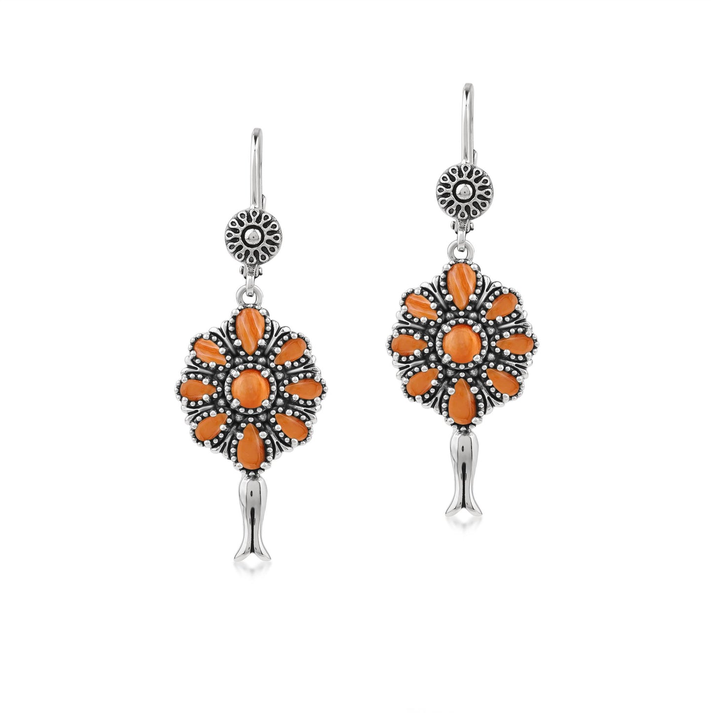  Sterling Silver Orange Spiny Oyster Flower Cluster Squash Blossom Earrings
