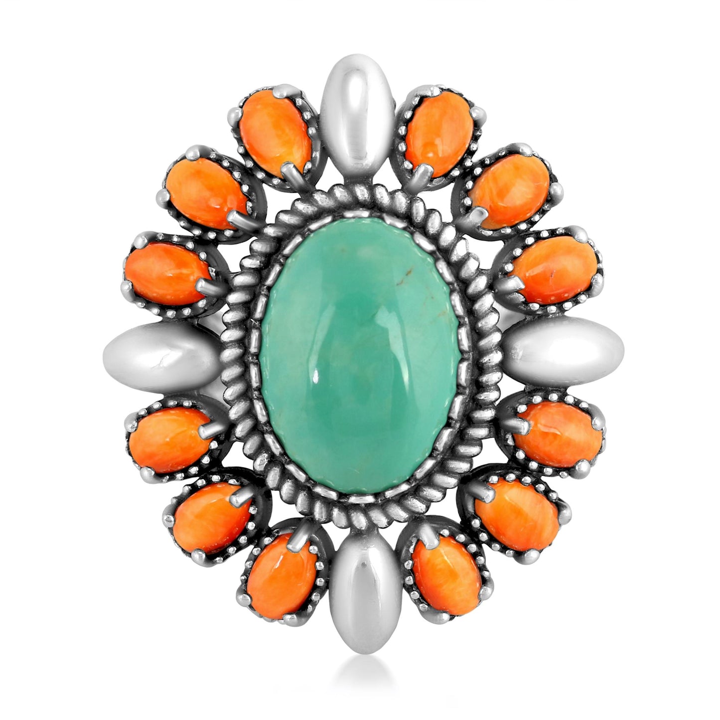 Sterling Silver Kingman Green Turquoise and Spiny Oyster Oval Floral Cluster Ring, Sizes 8 to 10