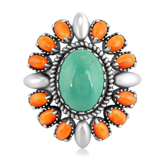 Sterling Silver Kingman Green Turquoise and Spiny Oyster Oval Floral Cluster Ring, Sizes 8 to 10