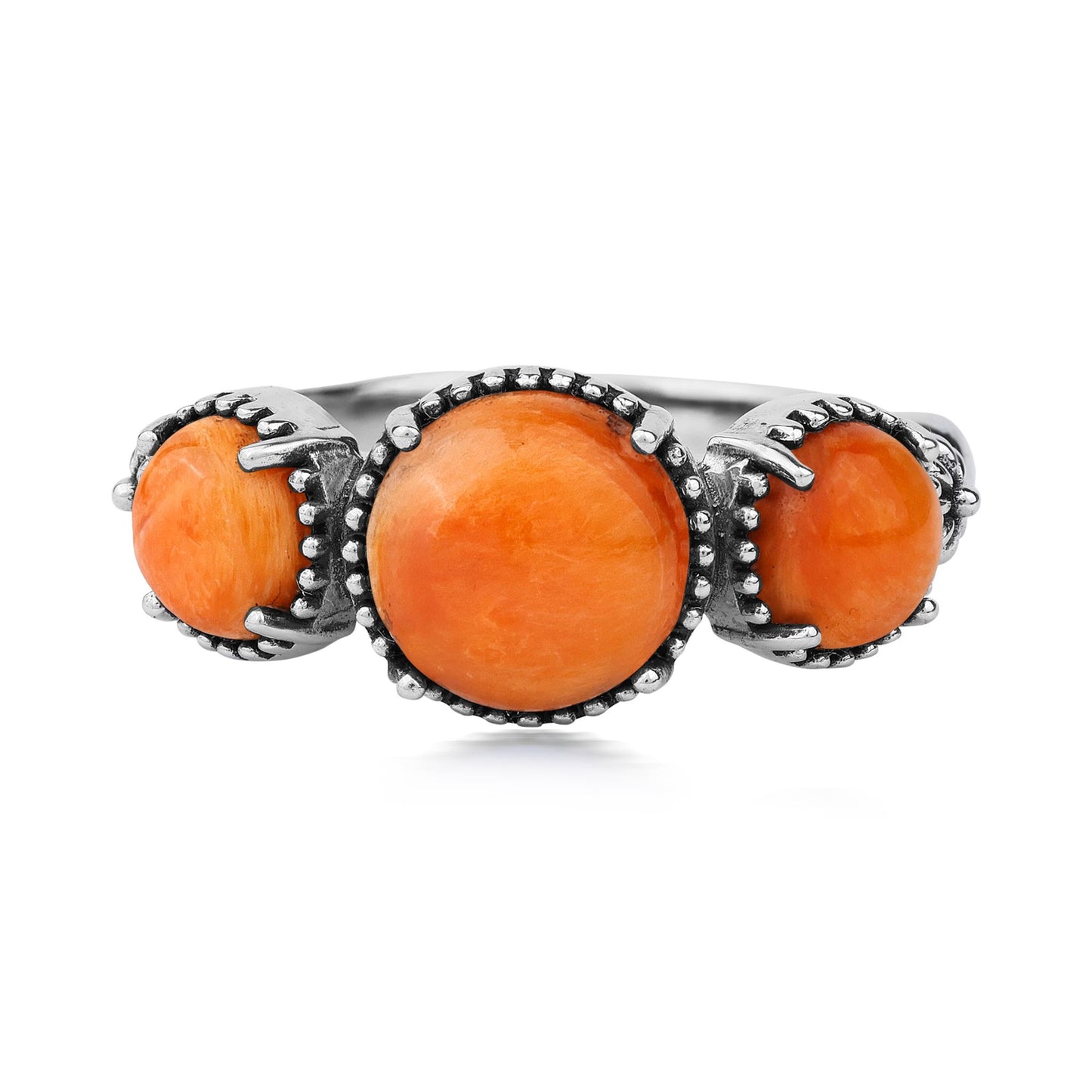 Sterling Silver Orange Spiny Oyster Oval 3 Stone Concha and Bead Ring