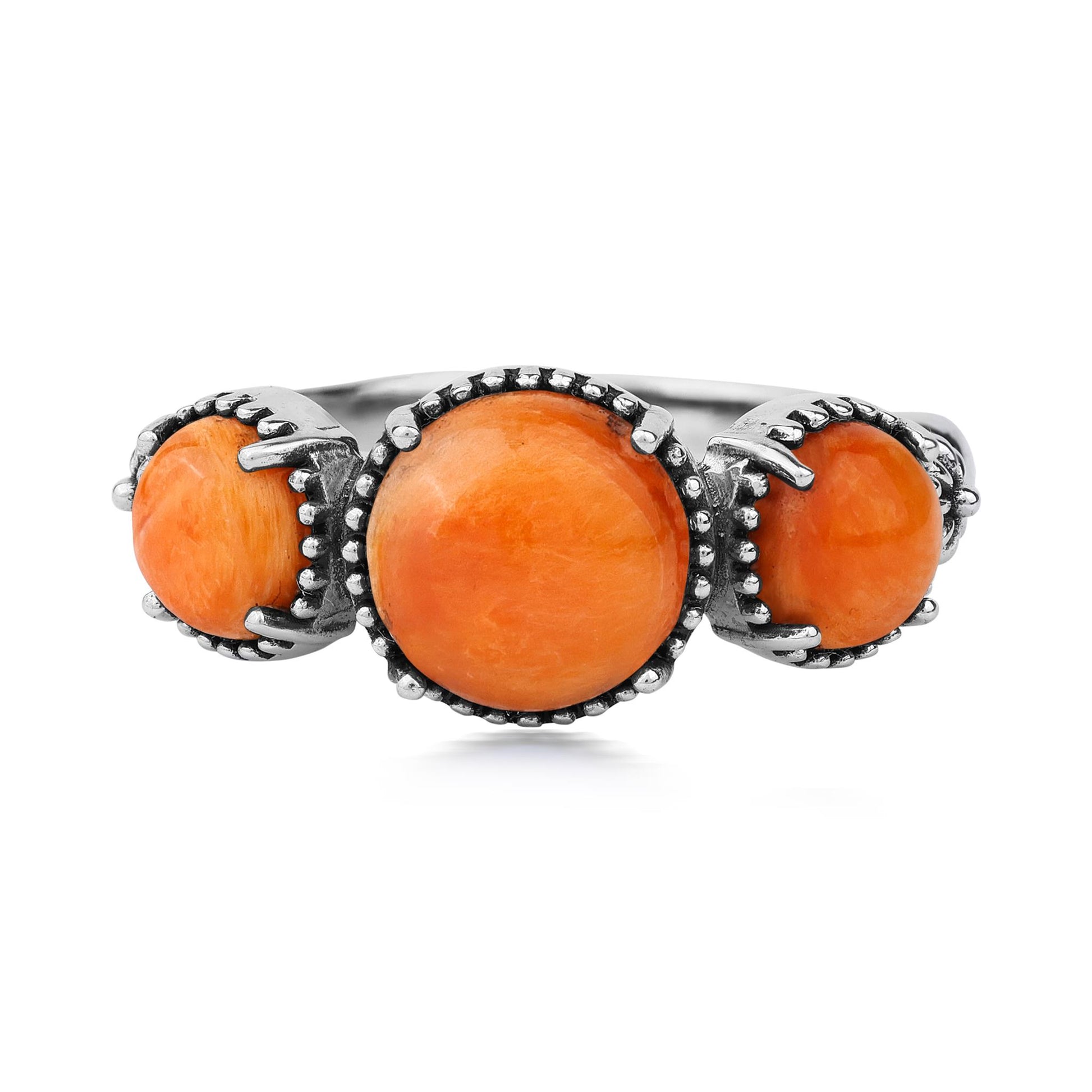 Sterling Silver Orange Spiny Oyster Oval 3 Stone Concha and Bead Ring