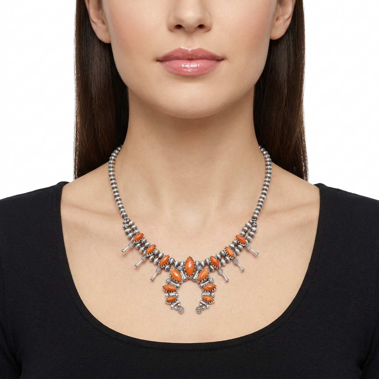  Sterling Silver Orange Spiny Oyster Marquise-Cut Squash Blossom Necklace