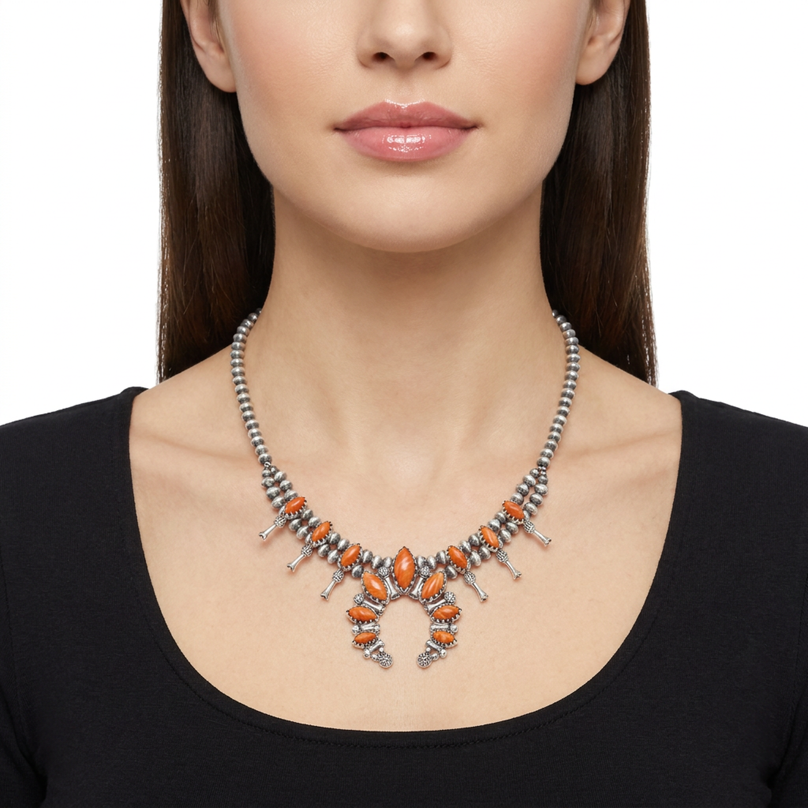  Sterling Silver Orange Spiny Oyster Marquise-Cut Squash Blossom Necklace