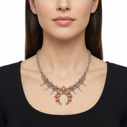  Sterling Silver Orange Spiny Oyster Marquise-Cut Squash Blossom Necklace