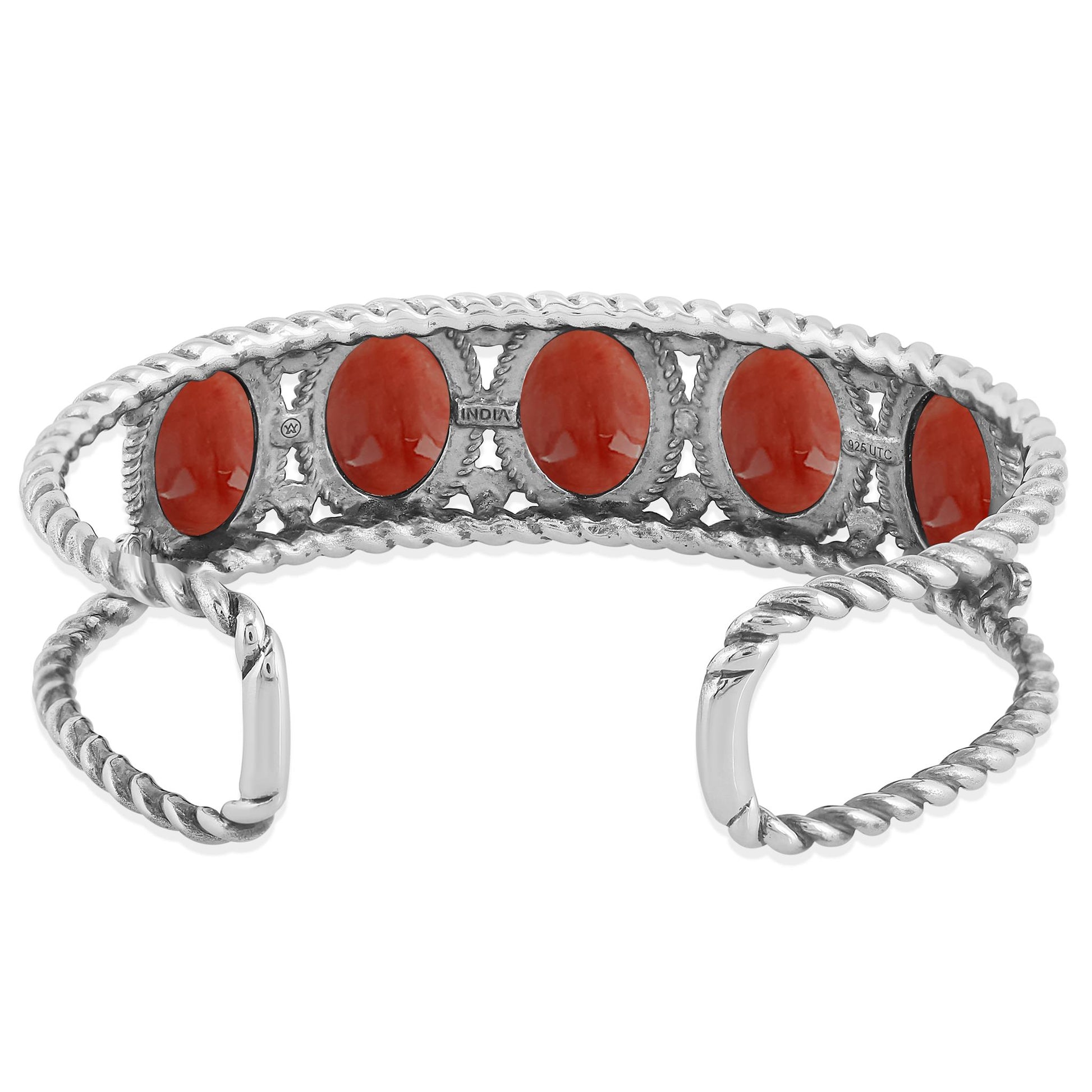 Sterling Silver Red Spiny Oyster Gemstone Rope Design 5-Stone Cuff Bracelet, Sizes Small to Large