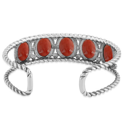 Sterling Silver Red Spiny Oyster Gemstone Rope Design 5-Stone Cuff Bracelet, Sizes Small to Large