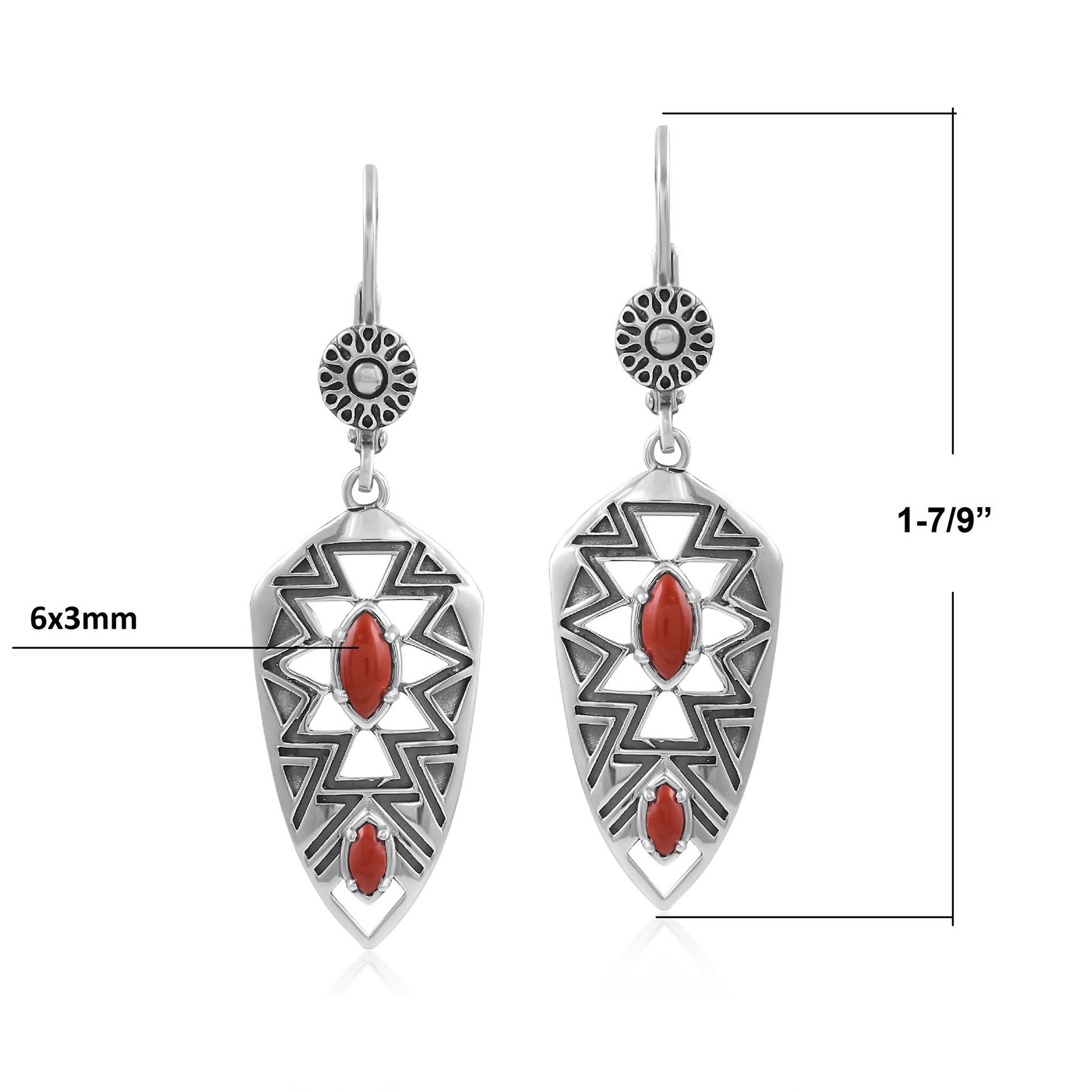 Sterling Silver Marquise Red Jasper Patterned Lever Back Earrings 