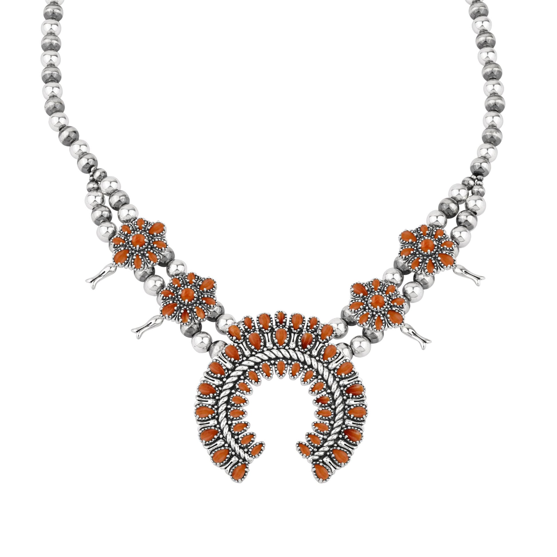  Sterling Silver Orange Spiny Oyster Petit Point Naja Squash Blossom Necklace