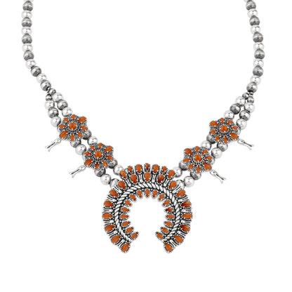 Sterling Silver Orange Spiny Oyster Petit Point Naja Squash Blossom Necklace