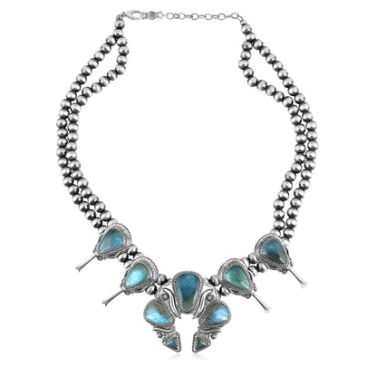 Sterling Silver Labradorite Large Naja Squash Blossom Necklace, 21 to 24 Inches