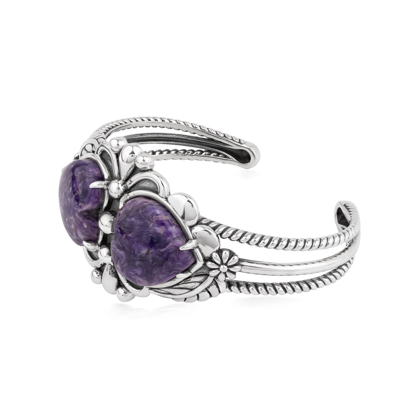 EXCLUSIVELY OURS! Sterling Silver Charoite Double Heart Cuff Bracelet, Sizes Small to Large