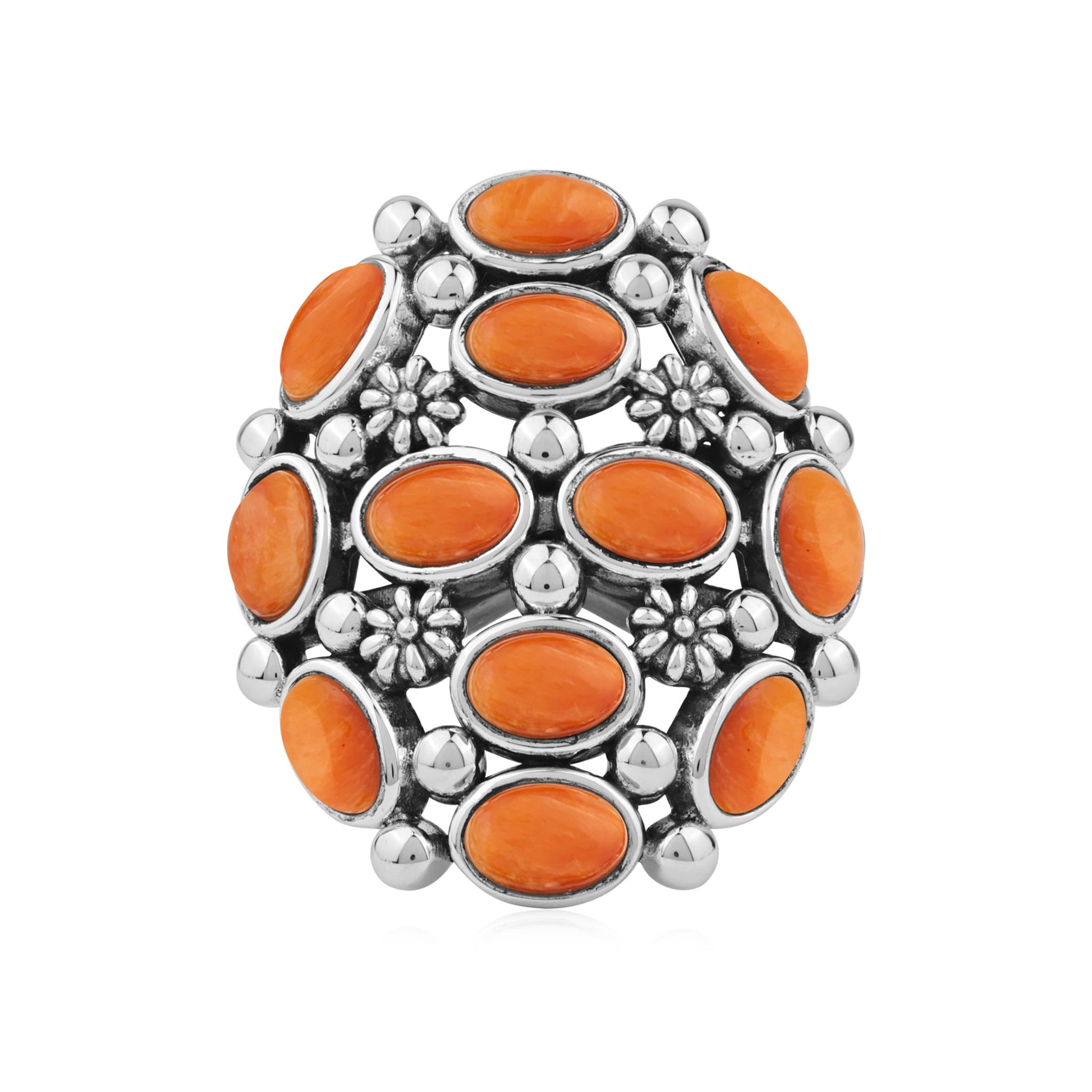  Sterling Silver Orange Spiny Oyster Oval 12-Stone Cluster Ring