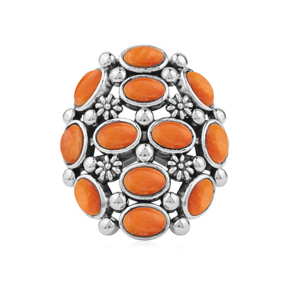 Sterling Silver Orange Spiny Oyster Oval 12-Stone Cluster Ring