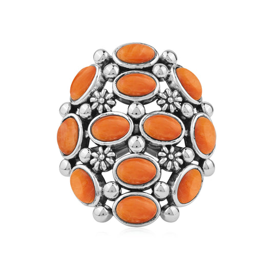  Sterling Silver Orange Spiny Oyster Oval 12-Stone Cluster Ring