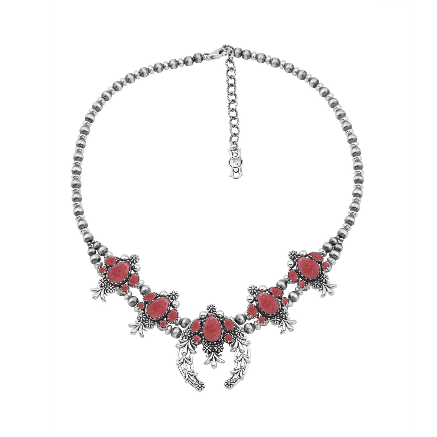 LIMITED EDITION! Sterling Silver Rhodonite Pear Cut Squash Blossom Naja Necklace, 17 to 20 Inches