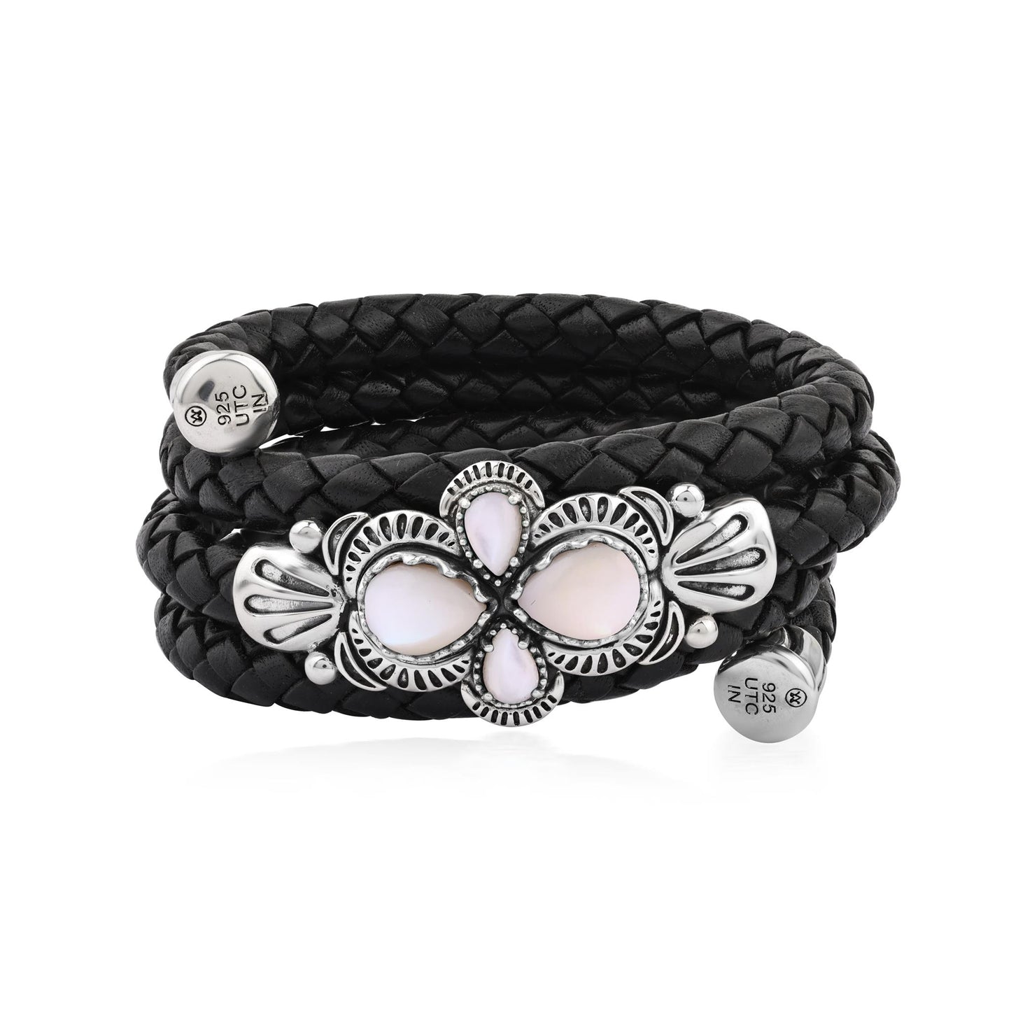  Sterling Silver White Mother of Pearl Pear Cluster Black Leather Wrap Bracelet 