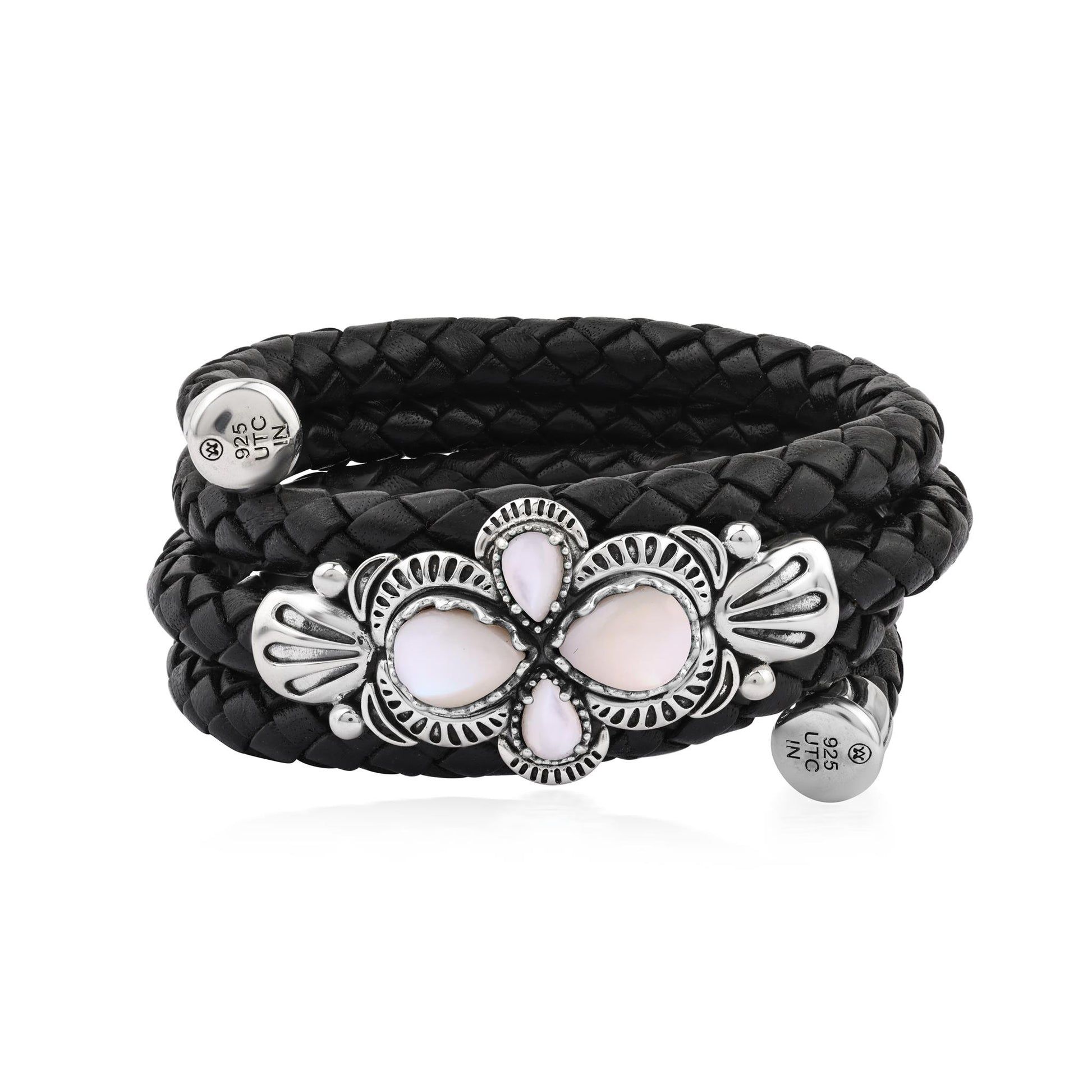  Sterling Silver White Mother of Pearl Pear Cluster Black Leather Wrap Bracelet 