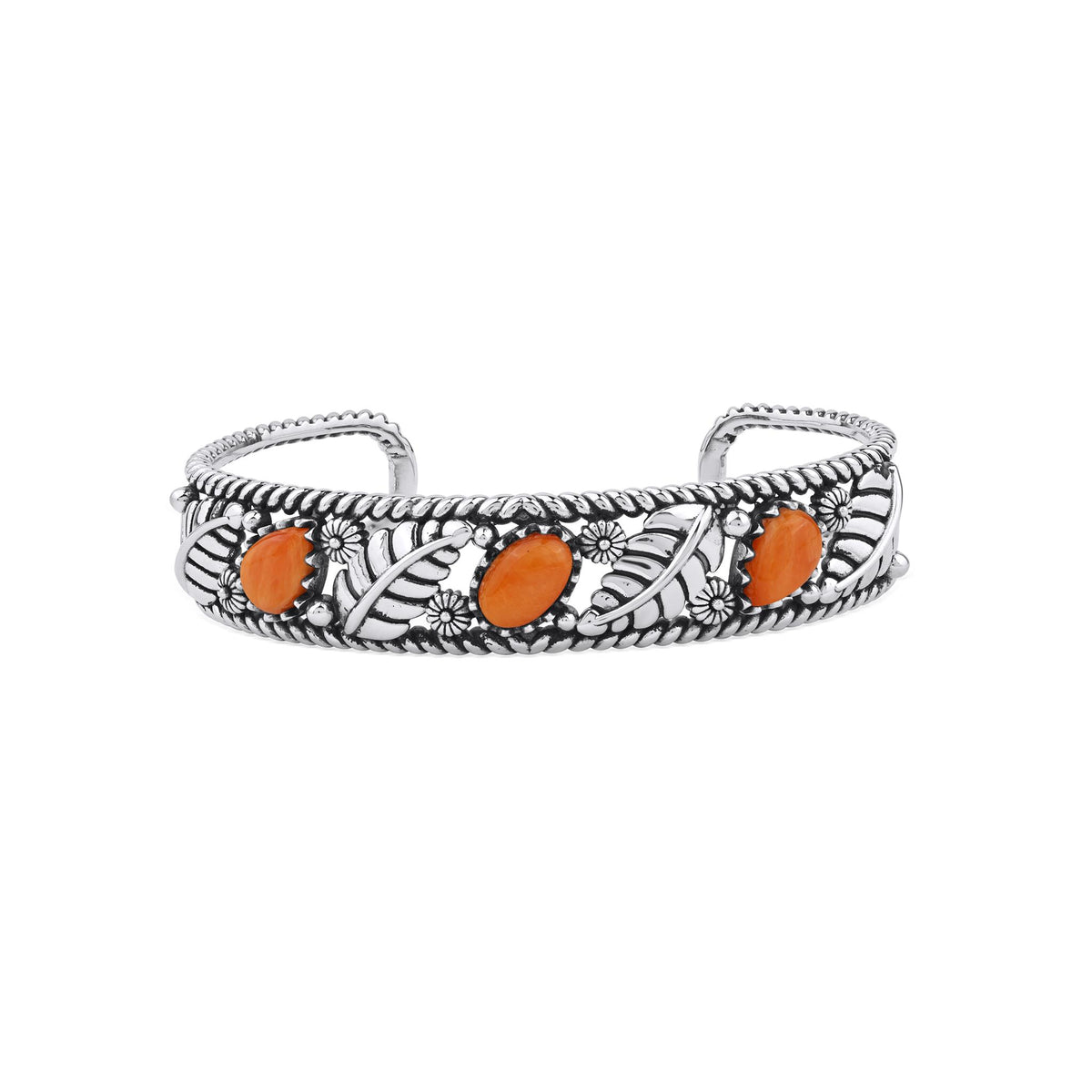 Sterling Silver Orange Spiny Oyster Oval and Pear Leaf Cuff Bracelet