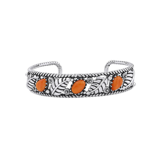 Sterling Silver Orange Spiny Oyster Oval and Pear Leaf Cuff Bracelet