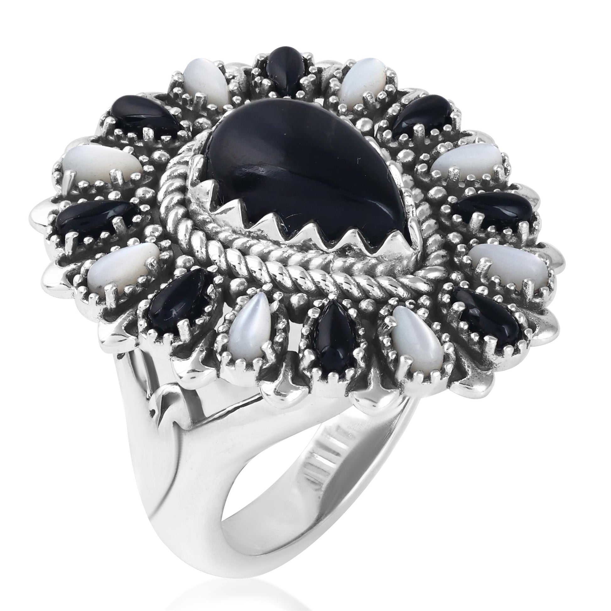 LIMITED EDITION! Sterling Silver Black Onyx and White Mother of Pearl Pear-Shaped Cluster Ring