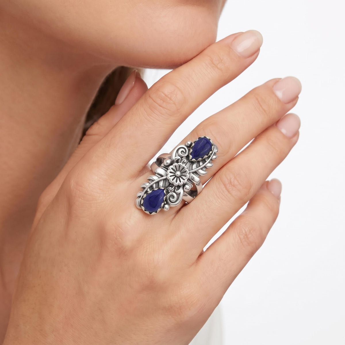 Sterling Silver Lapis Pear-Cut Leaf and Flower Ring, Sizes 5 to 10