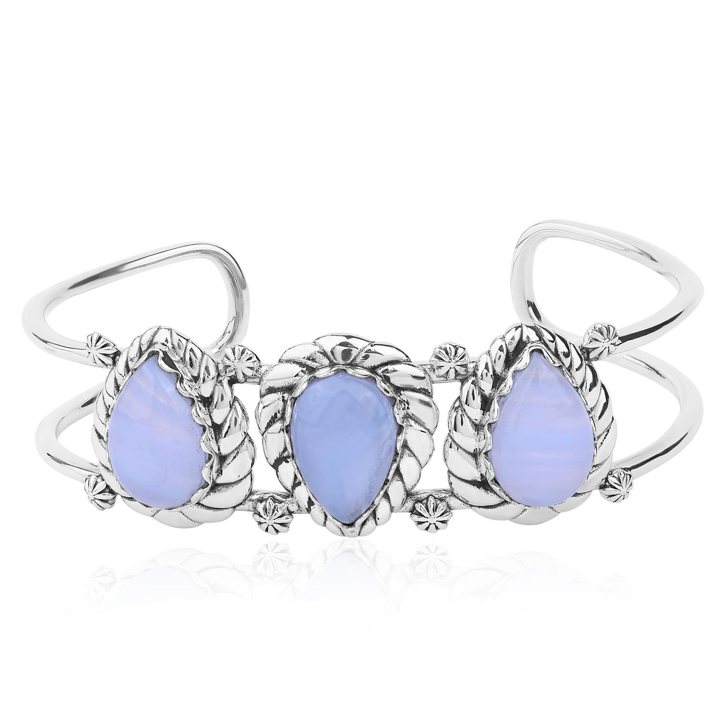 LIMITED EDITION! Sterling Silver Blue Lace Agate Pear Cut Rope Design Cuff Bracelet, Sizes Small to Large