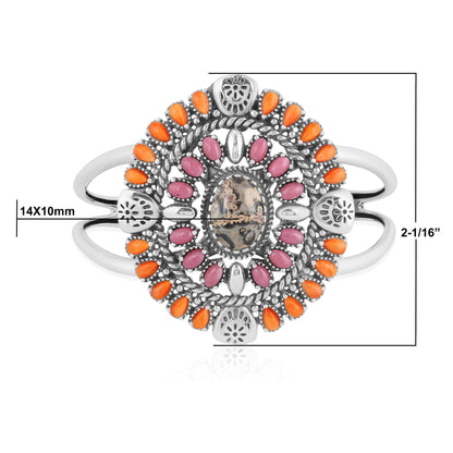 Sterling Silver Leopard Jasper, Orange Spiny Oyster and Rhodonite Oval Floral Cluster Cuff Bracelet