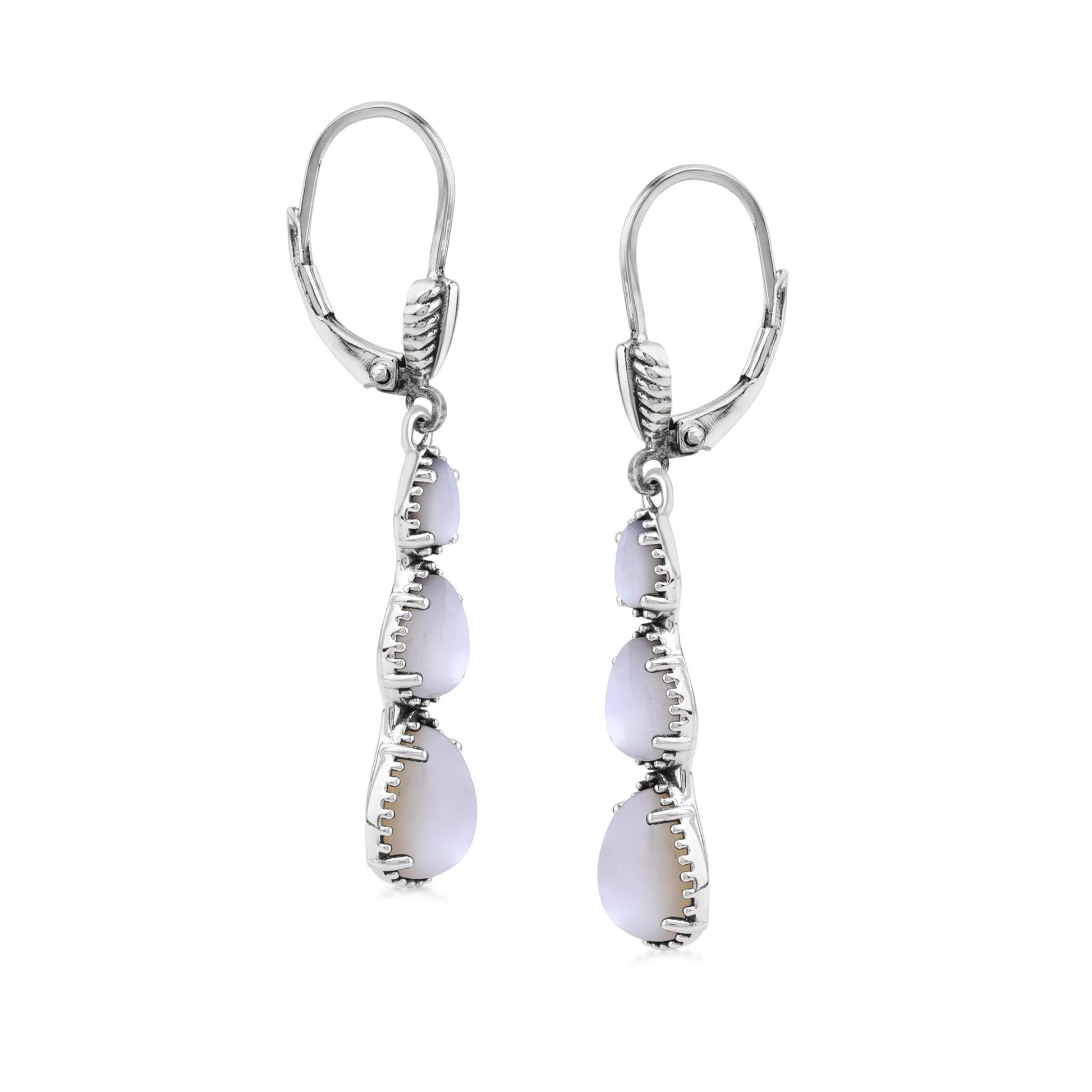  Sterling Silver White Mother of Pearl 3-Pear Drop Lever Back Earrings